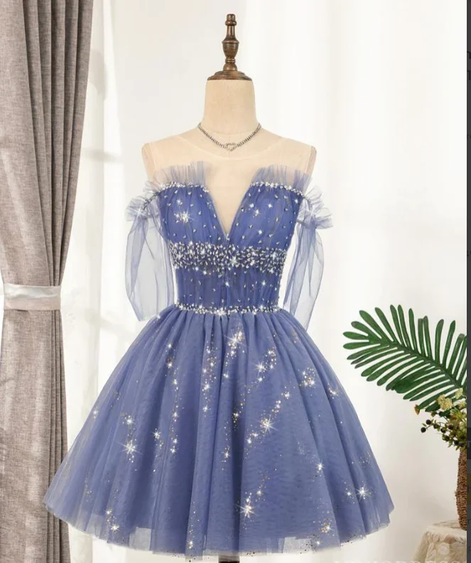 Fresh And Simple Sparkly Blue Homecoming Dresses 2022 Ruffled Hoco Dress M5909