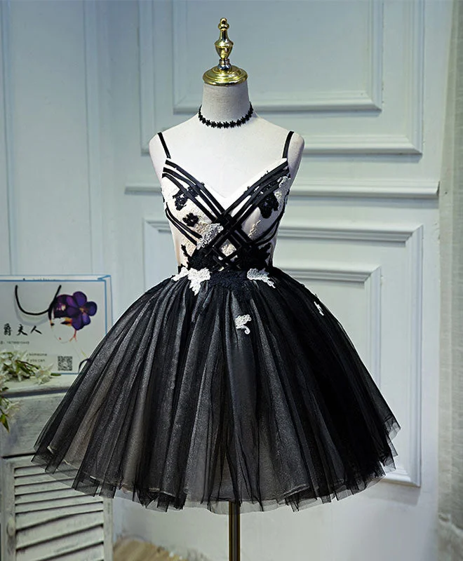Carefree Style Unique Black Tulle Short Prom Dress, Black Homecoming Dresses