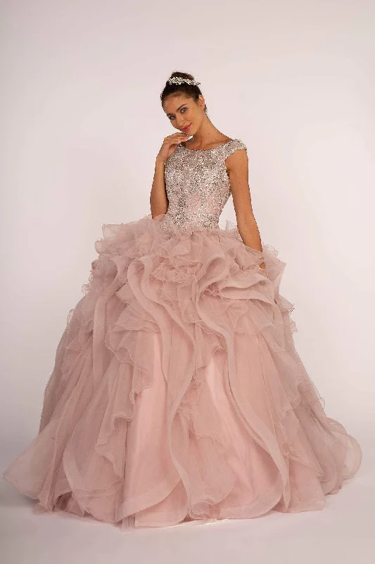 High-quality fabrics Elizabeth K - GL2514 Cap Sleeve Metallic Beaded Cascading Ballgown