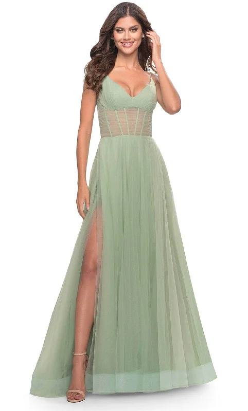 Classic Style La Femme 31502 - V-Neck Sheer Corset Evening Dress