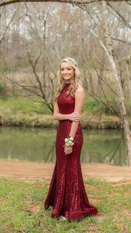 Moisture wicking Burgundy Sequins Halter Mermaid Long Prom Dress,DP1918