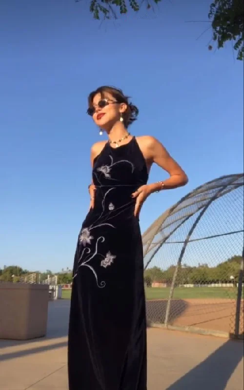 Denim Design Chic Dark Navy Embroidery Long Prom Dress,DP1915