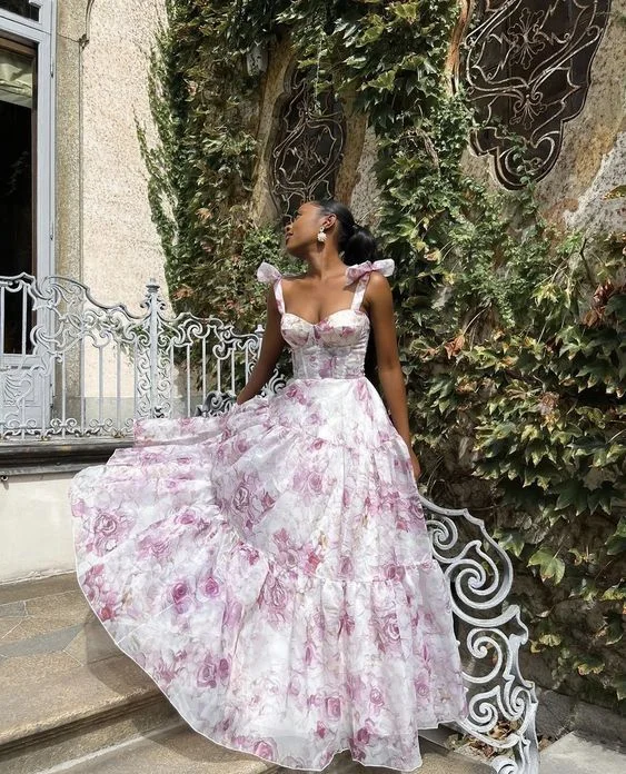 Warm And Comfortable Floral Printed A-Line Straps Chiffon Long Party Dress,DP1933