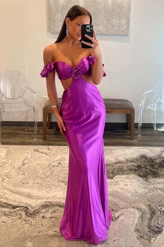 Thin Design Fuchsia Off Shoulder Ruffle Side Cutouts Long Prom Dress,DP1914