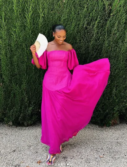 Simple Solid Color Fuchsia Puffy Sleeves A-Line Chiffon Long Party Dress,DP1923