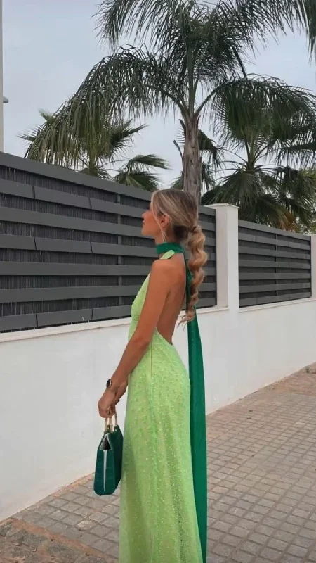 Elegant And Elegant Green Halter Backless A-Line Long Party Dress Wedding Guest Dress,DP1928