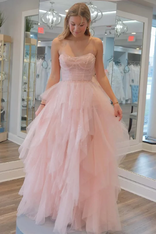 Sexy Fun Light Pink Strapless A-Line Ruffle Tulle Long Prom Dress,DP1913