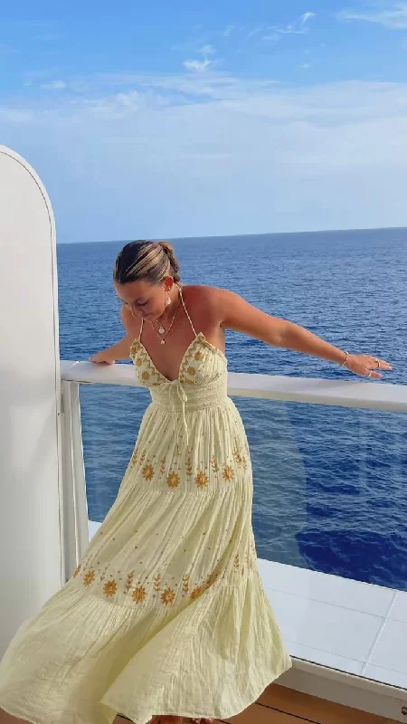 Casual And Casual Light Yellow A-Line Halter Backless Embroidery Long Party Dress Trip Dress,DP1937