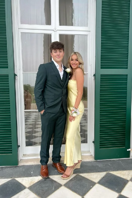 Mid-length Style Light Yellow Strapless Satin Long Party Dress Wedding Guest Dress,DP1908