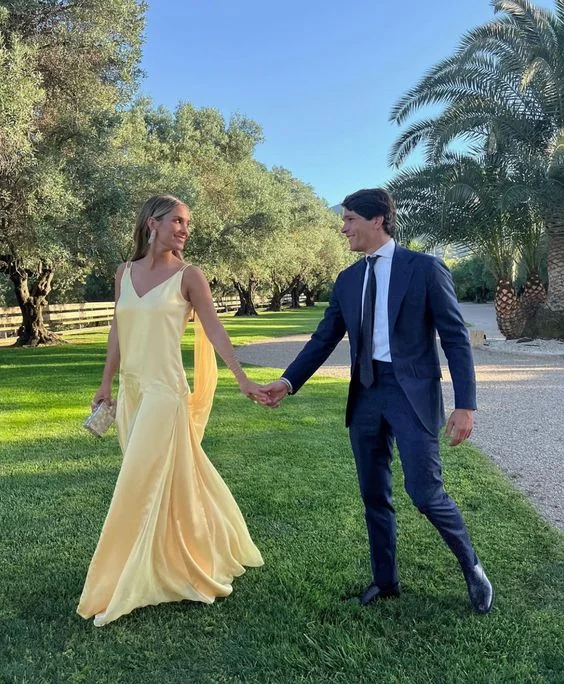 Street Charm Light Yellow Straps A-Line Long Party Dress Wedding Guest Dress,DP1911