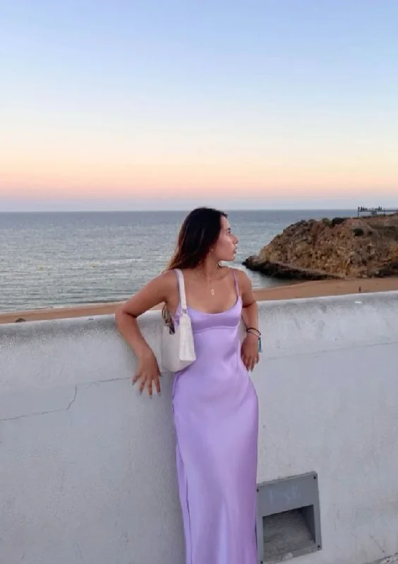 Sports And Leisure Lilac Straps Satin Long Party Dress Weding Guest Dress,DP1906