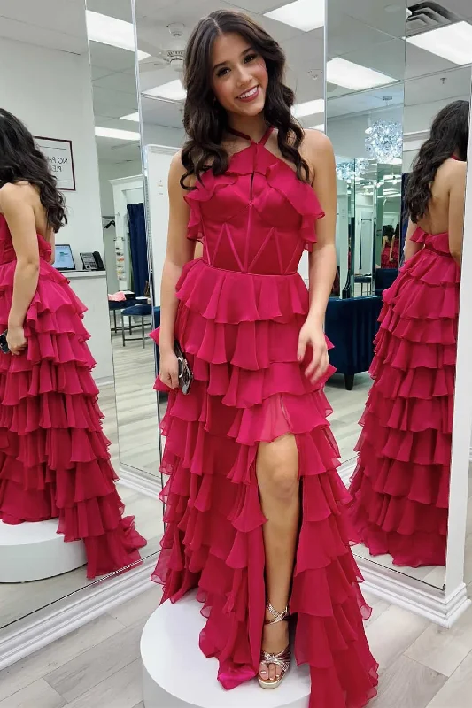 Girl Style Red Halter Ruffle Tiered Chiffon Long Prom Dress with Slit,DP1912