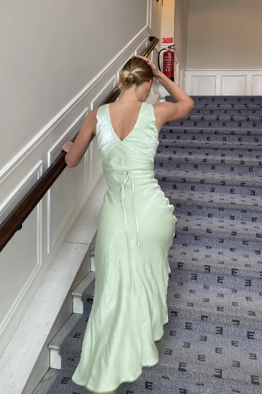 Stretch Design Sage Green V Neck Ankle Length Party Dress Wedding Guest Dress,DP1929