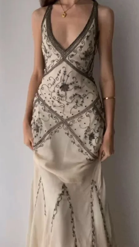 Customized Version Vintage V Neck Corss Back Beading Mermaid Long Party Dress,DP1938